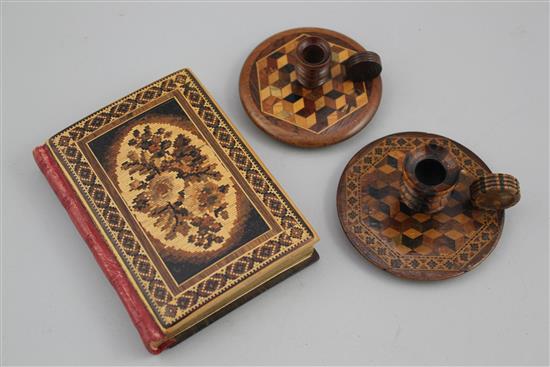 Two Tunbridge ware rosewood perspective cube chambersticks and a flower bouquet mosaic fronted photo album, 5in.